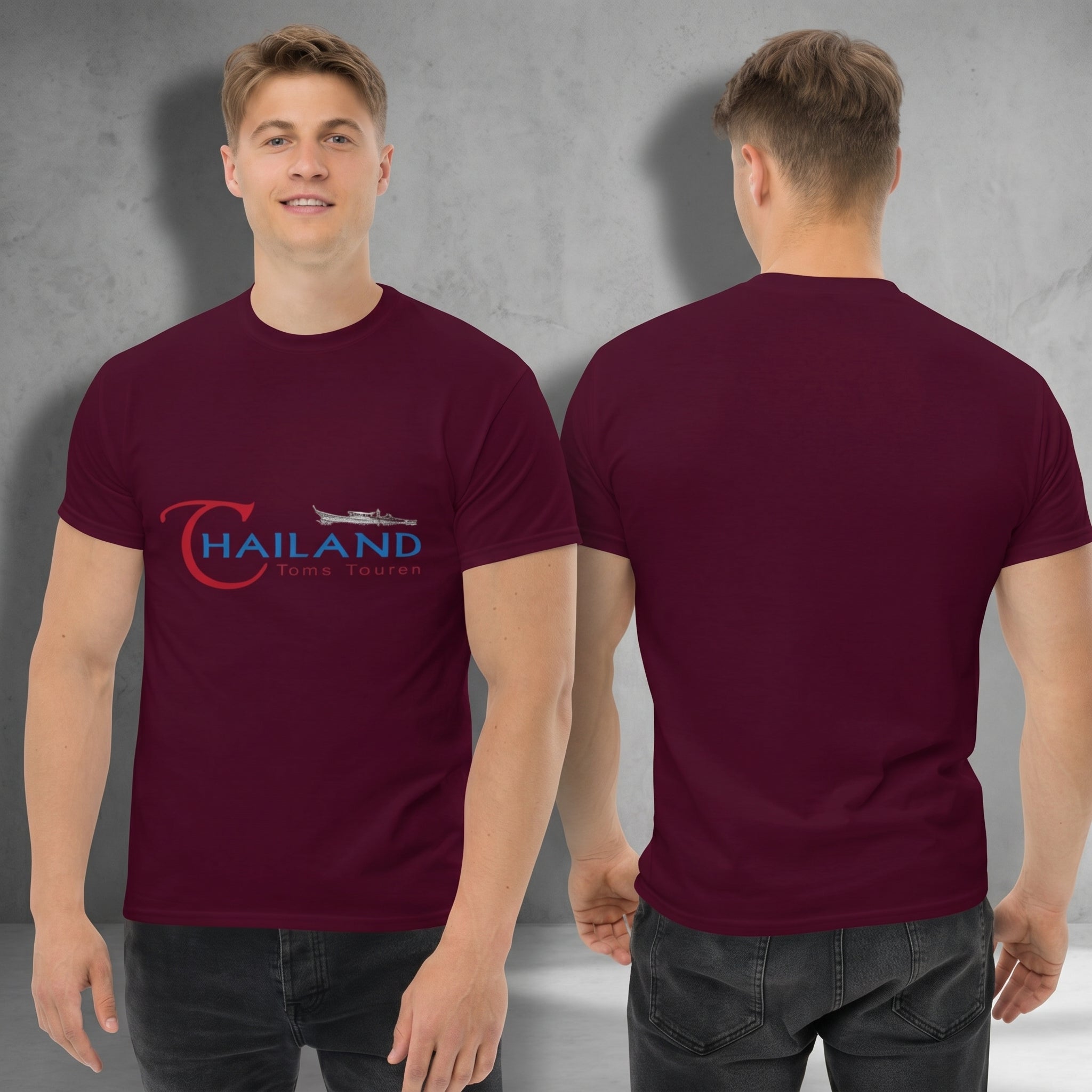 Side view of the classic unisex T-shirt on a mannequin in a studio, emphasizing stitching and fabric thickness.