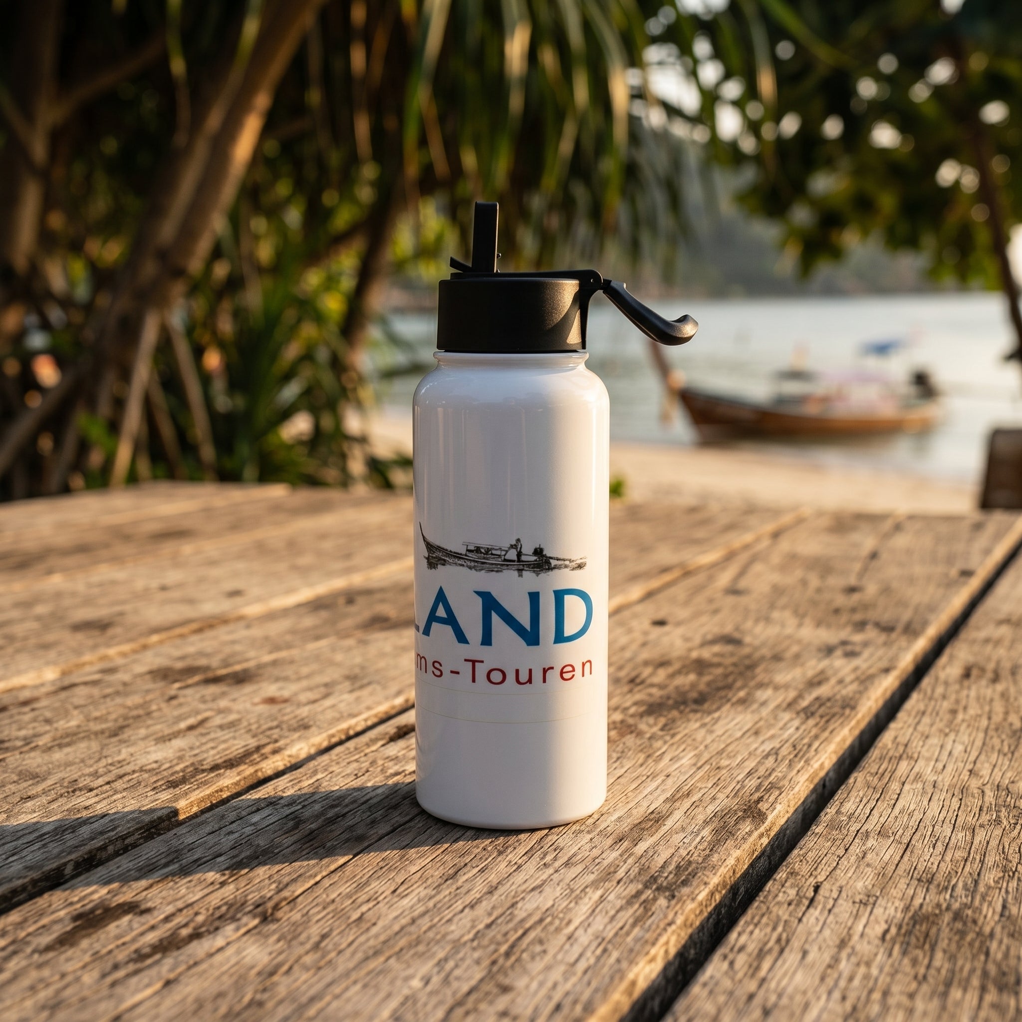 Small stainless steel water bottle outdoors during golden hour, highlighting gleaming finish and foldable straw in natural sunlight.